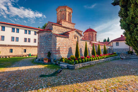 Bright spring view of Monastery of St. Naum. Impressive morning scene of North Macedonia, Europe. Travel concept background.の写真素材