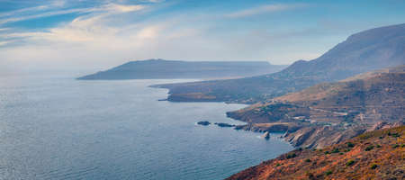 Aerial view of Peloponnese peninsula, Greece, Europe. Splendid summer seascape of Myrtoa sea. Beauty of nature concept background.の写真素材