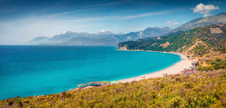 Aerial morning view of Lukove beach. Spectacular spring seascape of the Adriatic sea. Impressive outdoor scene of Albania, Europe. beauty of nature concept background.の写真素材
