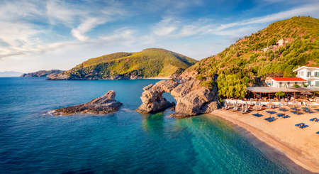 Adorable morning view of Kama beach in Kalamos village. Spectacular outdoor scene of Euboea island, Greece, Europe. Superb summer seascape of Aegean sea.の写真素材