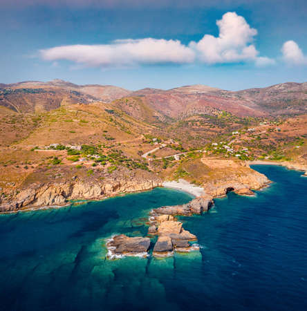 View from flying drone of Exo Kapi beach. Superb outdoor scene of Peloponnese peninsula, Greece, Europe. Colorful summer seascape of Mediterranean sea. Beauty of nature concept background.の写真素材