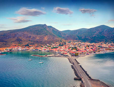 View from flying drone of Gefira town. Picturesque summer scene of Peloponnese peninsula, Greece, Europe.Amazing morning seascape of Myrtoan Sea. Travel concept background.の写真素材