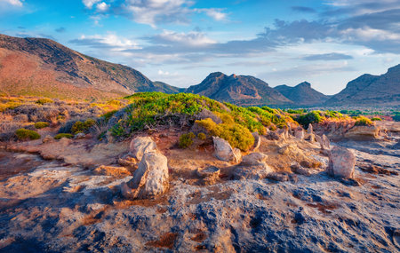 Exotic summer view of popular tourist destination - Geopark of Agios Nikolaos, also known as Petrified Forest. Bright morning scene of Peloponnese, Greece, Europe.の写真素材
