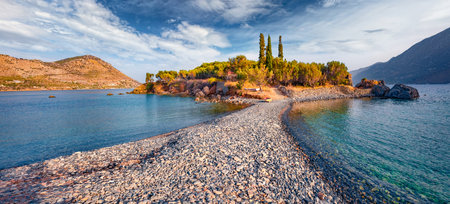 Astonishing summer view of Purpose or Double beach, Kotronas town location. Calm evening seascape of Mediterranean sea, Peloponnese peninsula, Greece. Beauty of nature concept background.の写真素材