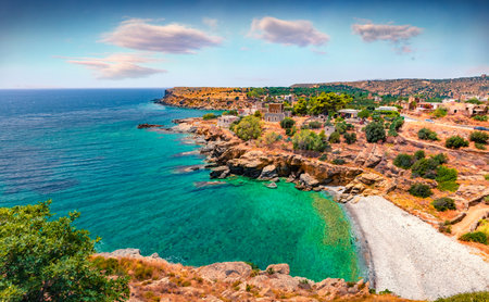 Captivating summer view of Kyparissos village. Stunning outdoor scene of Peloponnese peninsula, Greece, Europe. Wonderful morning seascape of Mediterranean sea. Travel concept background.の写真素材