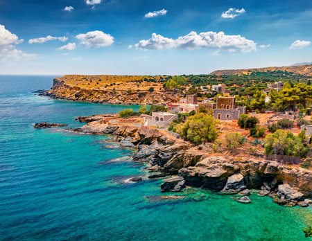Aerial summer view of Kyparissos village. Splendid outdoor scene of Peloponnese peninsula, Greece, Europe. Colorful morning seascape of Mediterranean sea. Travel concept background.の写真素材