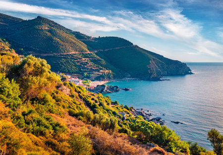 Aerial morning view of Kama beach and Kalamos village. Breathtaking outdoor scene of Euboea island, Greece, Europe. Exciting summer seascape of Aegean sea. beauty of nature concept background.の写真素材