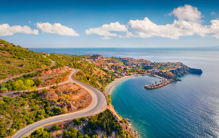 View from flying drone of Sampatiki port. Exciting summer scene of Peloponnese peninsula, Greece, Europe. Spectacular morning seascape of Myrtoan Sea.の写真素材