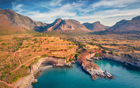 View from flying drone of popular tourist destination - Geopark of Agios Nikolaos, also known as Petrified Forest. Majestic summer scene of Peloponnese, Greece. Nice mediterranean seascape.の写真素材