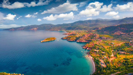 View from flying drone of Kardamili port. Captivating morning scene of Peloponnese peninsula, Greece, Europe. Astonishing morning seascape of Ionian sea. Travel concept background.の写真素材