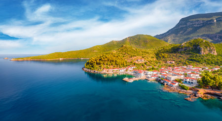 View from flying drone of Paralia village. Colorful outdoor scene of Peloponnese peninsula, Greece, Europe. Picturesque seascape of Myrtoan Sea. Travel concept background.の写真素材