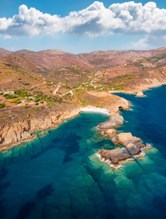 View from flying drone of Exo Kapi beach. Spectacular outdoor scene of Peloponnese peninsula, Greece. Incredible summer seascape of Mediterranean sea. Beauty of nature concept background.の写真素材