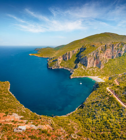 View from flying drone of Damos Beach. Stunning summer scene of Peloponnese peninsula, Greece, Europe. Captivating morning seascape of Myrtoan Sea. beauty of nature concept background.の写真素材