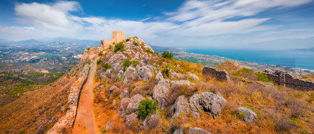 Panoramoc summer view of historical place - Acrocorinth. Majestic outdoor scene of Greece, Europe. Travel concept background. Breathtaking seascape of the Mediterranean Sea, Gulf of Corinth.の写真素材