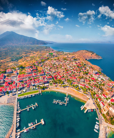 Splendid view from flying drone of Astros port. Beautiful morning seascape of Myrtoan Sea. Adorable outdoor scene of Peloponnese peninsula, Greece, Europe. Travel concept background.の写真素材