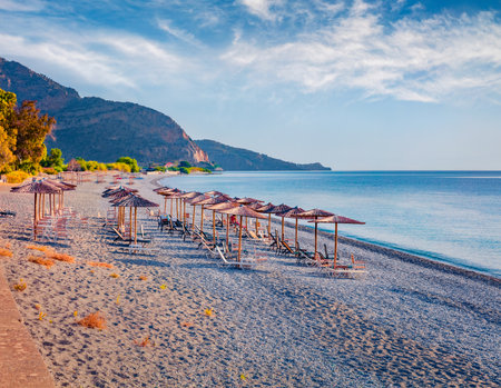 Splendid summer view of Plakas beach, Leonidio town location. Stunning morning seascape of Mediterranean sea. Wonderful outdoor scene of Peloponnese peninsula, Greece, Europe.の写真素材
