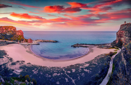 Incredible spring seascape of Black sea. Captivating sunrise on Bolata beach, Bulgaria, Europe....