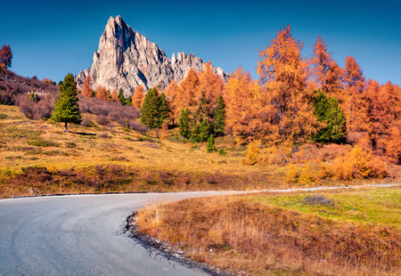 Astonishing sunny view of Dolomite Alps with yellow larch trees. Colorful autumn scene Italian mountains with winding asphalt road. Splendid landscape of Giau pass, Italy, Europe.の写真素材