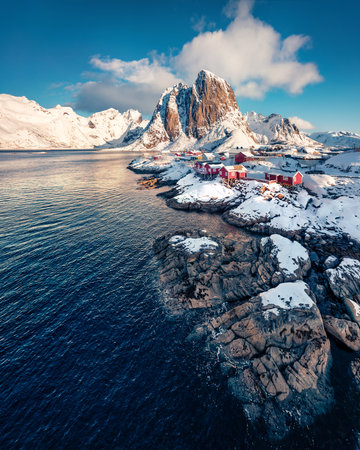 beautiful spring scenery. Amazing morning view of Hamnoy village, Lofoten Islands. Picturesque spring seascape of Norwegian sea, Norway, Europe. life over polar circle.の写真素材