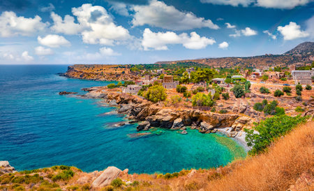 Attractive summer view of Kyparissos village. Wonderful outdoor scene of Peloponnese peninsula, Greece, Europe. Stunning morning seascape of Mediterranean sea. Travel concept background.の写真素材