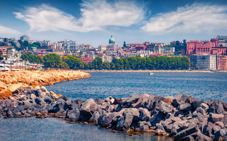 Spectacular summer cityscape of Naples, Italy, Europe. Impressive seascape of Mediterranean seascape. Travel concept background.の写真素材