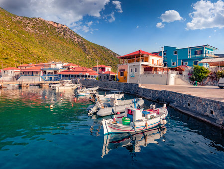 Spectacular summer view of Plaka port. Wonderful morning seascape of Mediterranean sea. Beautiful outdoor scene of Peloponnese peninsula, Greece, Europe. Travel concept background.の写真素材