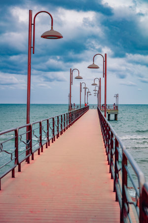 Gloomy morning scene of the Adriatic coast of Italy. Picturesque summer cityscape of Marina di Vasto town. Travel concept background.の写真素材
