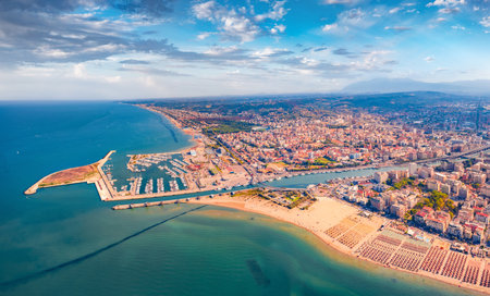 aerial landscape photography. Colorful summer view from flying drone Pescara port. Beautiful morning seascape of the Adriatic Sea. Incredible outdoor scene of Italy, Europe.の写真素材