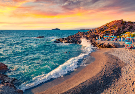 Warm summer day on Diamante public beach. Stunning seascape of Mediterranea sea. Beautiful outdoor scene of Italy, Europe. vacation concept background.の写真素材