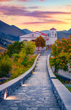 Splendid summer view of San Biagio Catholic church, Santa Caterina village location, Italy, Europe. Amazing sunrise on Italian countryside. Travel concept background.の写真素材