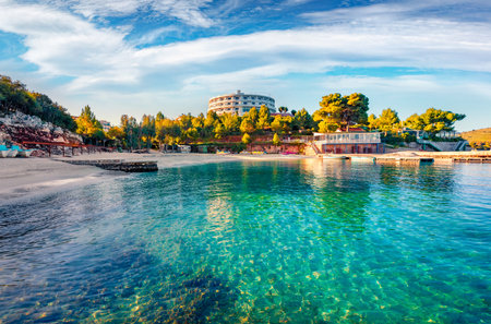 Azure seascape of Ionian sea. Amazing spring view of Ksamil village. Calm outdoor scene of Albania, Europe. vacation concept background.の写真素材