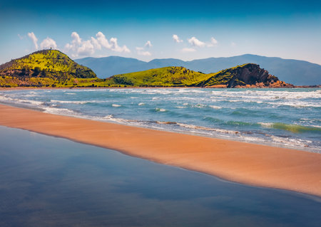 Astonishing spring view of the coast of Zvernec Beach. Sunny morning seascape of the Adriatic Sea. Attractive outdoor scene of Albania, Europe. vacation concept background.の写真素材