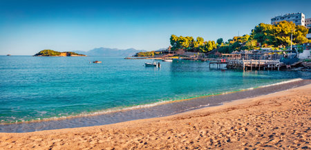 Panoramic spring view of Ksamil resort. Azure seascape of Ionian sea. Calm outdoor scene of Albania, Europe. vacation concept background.の写真素材