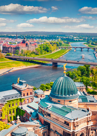Aerial spring view from Church of Our Lady (Frauenkirche) of the Elbe river and Dresden town. Stunning morning scene of Saxony, Germany, Europe. Travel concept background.の写真素材