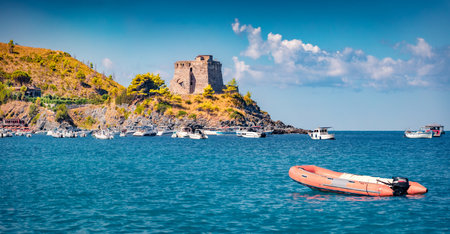 Colorful summer view of historical place - Crawford Tower. Beautiful morning seascape of Mediterranean sea, Italy, Europe. vacation concept background.の写真素材
