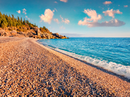 Spectacular spring view of empty Livadhi beach, Himare village location. Adorable morning scene of Albania, Europe. Wonderful seascape of the Adriatic sea. vacation concept background.の写真素材
