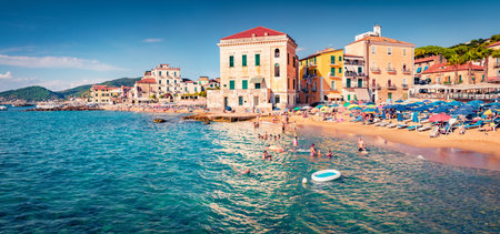 Hot summer day on Santa Maria di Castellabate puclic beach. Picturesque outdoor scene of Italy, Europe. vacation concept background.の写真素材