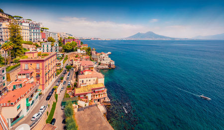 Charm of the ancient cities of Europe. Colorful summer cityscape of Naples, Italy. Impressive seascape of Mediterranean seascape. Travel concept background.の写真素材
