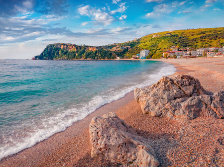 Marvelous morning view of Himare town. Wonderful spring seascape of the Adriatic sea. Amazing outdoor scene of Albania, Europe. Travel concept background.の写真素材