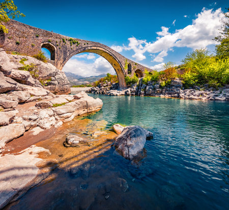 Spectacular spring view of Old Mes Bridge. Majestic morning landscape of Shkoder. Breathtaking outdoor scene of Albania, Europe. Travel concept background.の写真素材