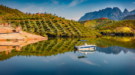 Calm morning view of Cerkezez lake. Sunny spring scene of Albanie, Europe. Beauty of nature concept background.の写真素材