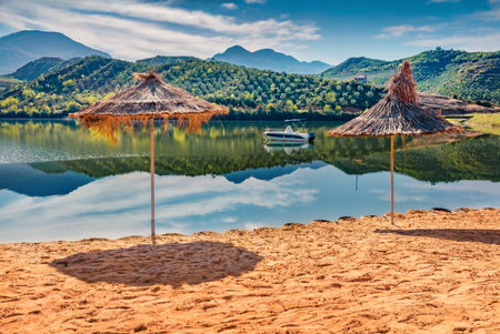 Wonderful morning view of Cerkezez lake. Spectacular spring scene of Albanie, Europe. Travel concept background.の写真素材