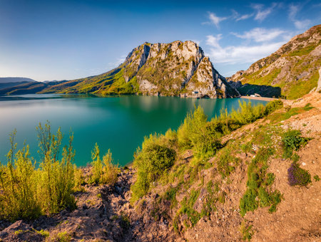 Gorgeous spring view of Bovilla Lake, Tirana city location. Wonderful morning landscape of Albania, Europe. beauty of nature concept background.の写真素材