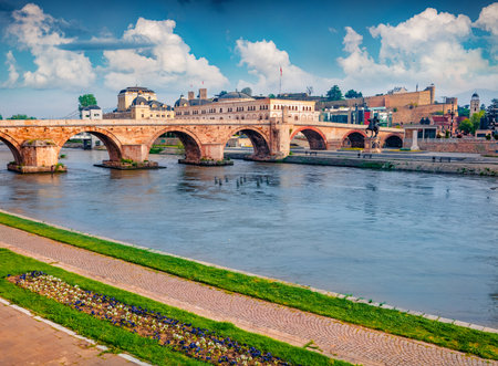 Beautiful spring cityscape of capital of North Macedonia - Skopje. Stunning morning view of Vardar river. Travel concept background.の写真素材