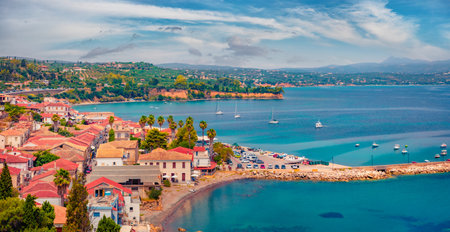 Wonderful summer cityscape of Koroni town, Messenia, Peloponnese, Greece, Europe. Impressive morning seascape of Ionia sea. Travel concept background.の写真素材