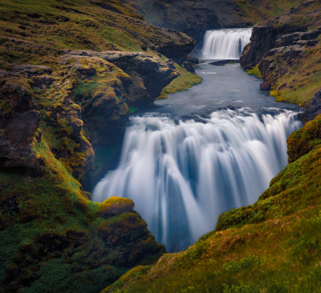 Dramatic summer scenery. Picturesque morning scene of waterfall on Skoga river. Stunning summer view from the tourist trek from famous Skogafoss waterfall to the top of the river, Iceland, Europe.の写真素材