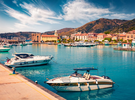 Sunny day on the Mediterranean coast of Italy. Captivating summer cityscape of Acciaroli town. Travel concept background.の写真素材