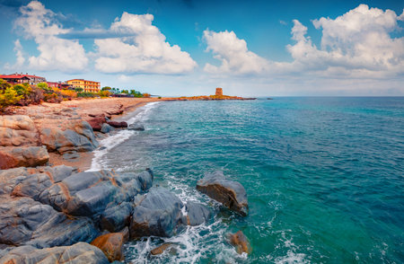 Exciting marine scenery. Wonderful summer view of Torre di Bari tower. Splendid morning scene of Sardinia island, Italy, Europe. Beautiful seascape of Mediterranean sea.の写真素材