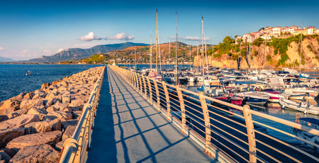 Panoramic evening view of Agropoli port. Wonderful summer seascape of Mediterranean sea. Travel concept background.の写真素材