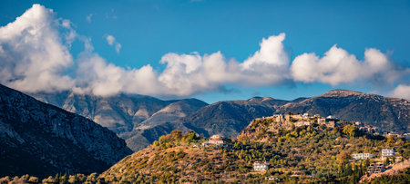 Panoramic spring view of Castle of Himara, Vlore. Colorful morning scene of Albania, Europe. Travel...